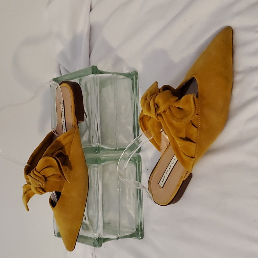EUC Zara Trafaluc Gold Suede Mules